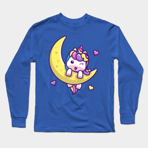 Cute Unicorn On Moon Cartoon Long Sleeve T-Shirt by Catalyst Labs